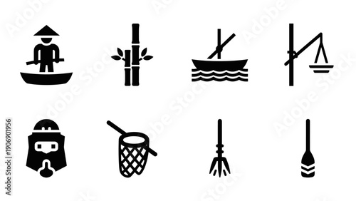 Traditional fishing and agriculture icon set in bold minimal silhouette style