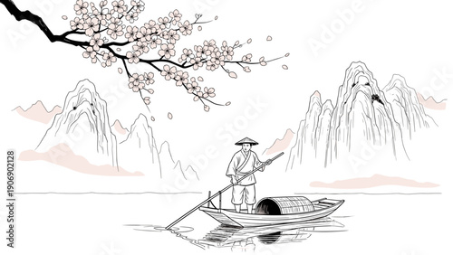Tranquil scene of traditional boatman with cherry blossoms and mountain landscape