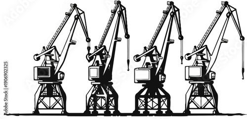Four industrial cranes stand in a row, their arms raised