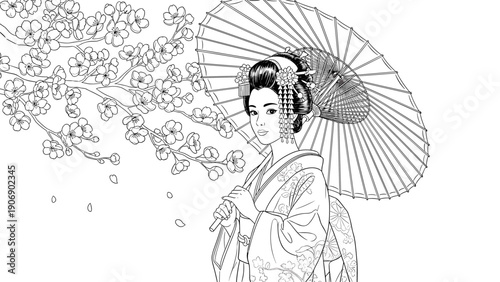 Traditional geisha with parasol and cherry blossoms in elegant black and white line art