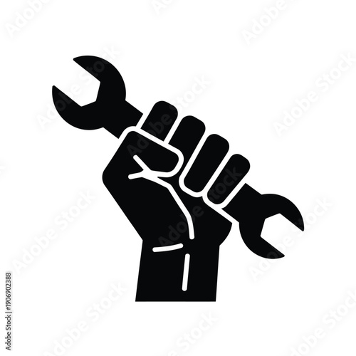 Black hand holding adjustable wrench icon in white background  tool symbol
