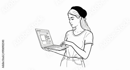 Illustration of a young woman wearing a headscarf and casual clothing, holding a laptop
