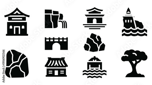 Minimalist asian architecture icons set with natural elements