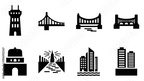 Icon set of landmarks and architecture in silhouette style
