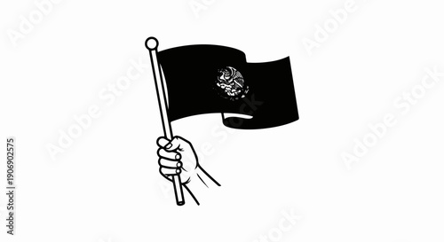 Hand holding a waving black flag with a white emblem of an eagle