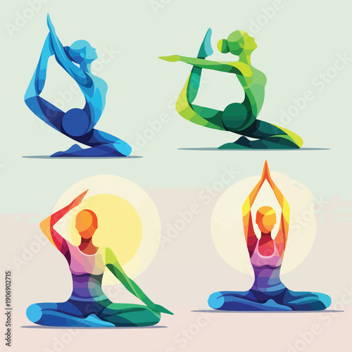 Four stylized figures performing yoga poses in various vibrant colors