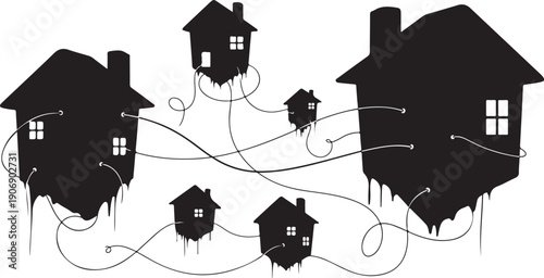 Houses connected by lines in a black and white illustration