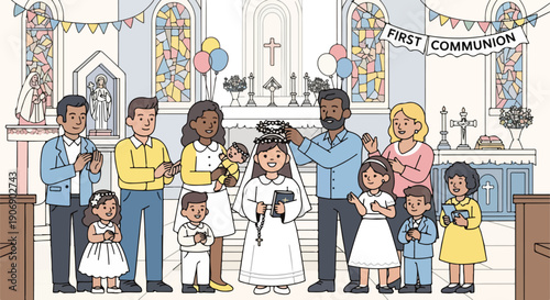 Illustration of a church service celebrating a child's first communion