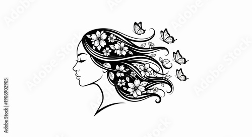 Elegant profile of a woman with flowers and butterflies in her flowing hair