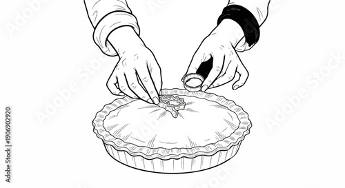 Hands creating decorative cuts on a pie crust with a small cookie cutter