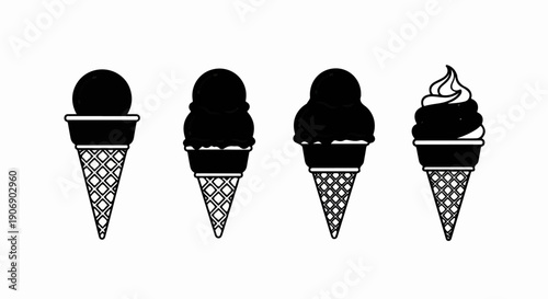 Four simplified black ice cream cones on white