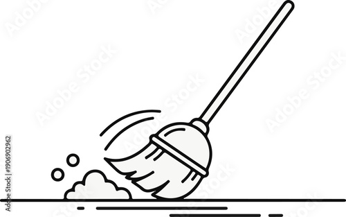 Line art of a broom sweeping dust and debris on a floor