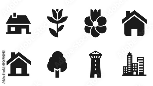 Set of simple black silhouette icons: nature, buildings, and structures for versatile design