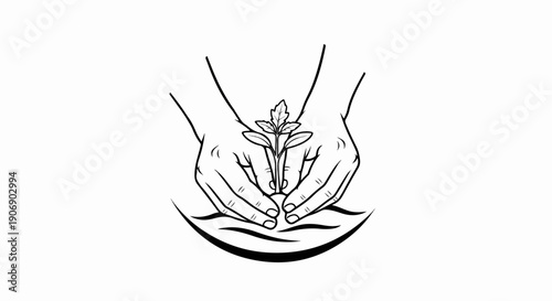 Hands cradle a young plant seedling above rippling water in a black and white illustration