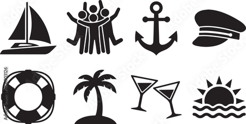 Nautical Icons: A collection of simple black and white vector icons, capturing the essence of maritime and leisure activities, perfect for design and thematic illustrations.