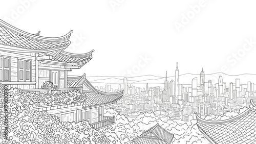 Serene urban skyline with traditional architecture in a linear style