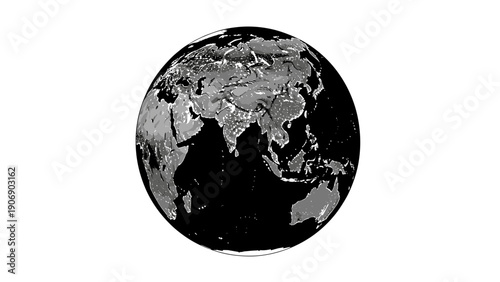 Monochrome globe showing asia and surrounding regions in detailed silhouette