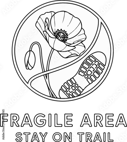 Emblem with poppy and boot tread, text "Fragile Area Stay on Trail.