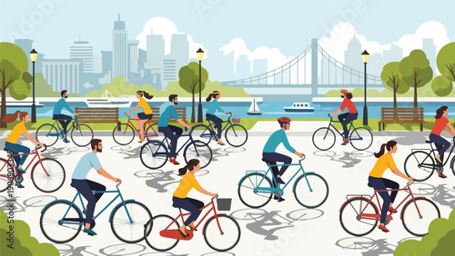 Illustration of a city park with people riding bicycles