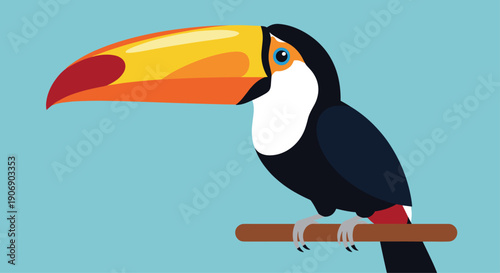 A vibrant toucan bird with its distinctive oversized orange and yellow bill, black body, and white chest, perched calmly on a wooden branch against a serene light blue background.