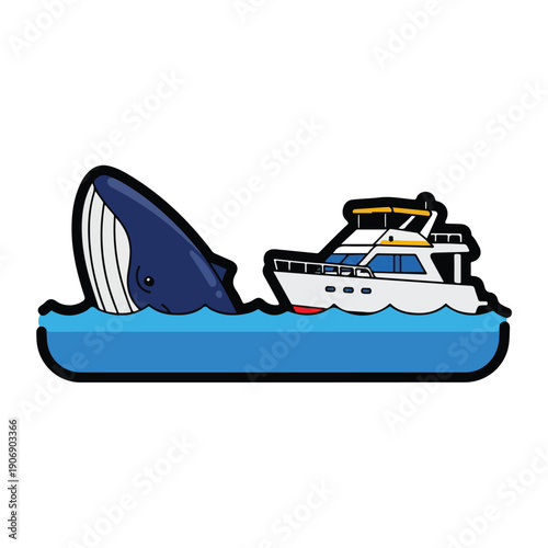 Cartoon whale breaching near a boat on calm waters viewed from the side