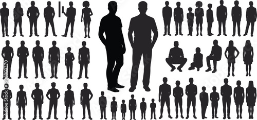 Diverse collection of male and female human silhouettes standing and posing Keywords: silhouette, people, man, woman, standing