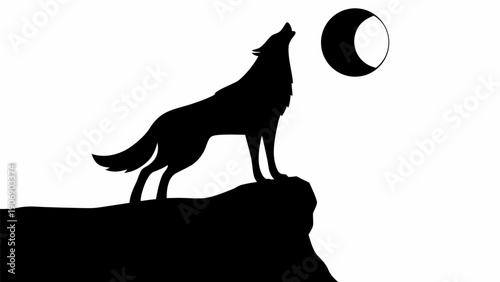 Wolf howling at crescent moon silhouette