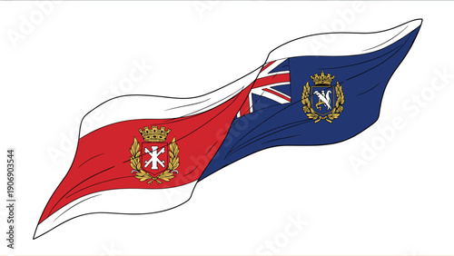 Waving flag with heraldic symbols and british elements in bold colors