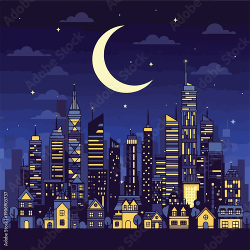 Illustration of a city skyline with buildings and homes under a starry night sky