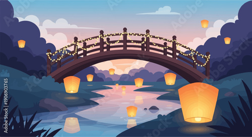 Illuminated paper lanterns float over a tranquil river at dusk