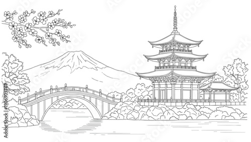 Tranquil japanese landscape with pagoda and mount fuji in linear style