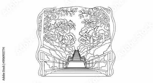 Endless staircase in lush forest leading to a bright opening