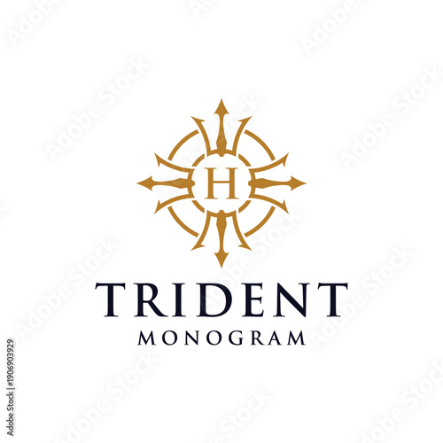 Initial Letter H Circular Trident Neptune God Poseidon King Logo Design Vector Template