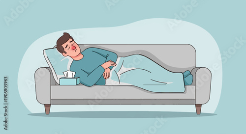 Ill man resting on sofa with tissues