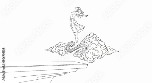 Graceful figure leaps from cliff edge onto swirling clouds in white illustration