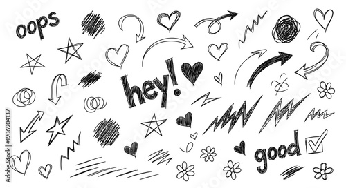 Hand-drawn doodle icons and symbols, including hearts, stars, arrows, and text bubbles, for illustration or graphic design, Isolated on transparent background, png