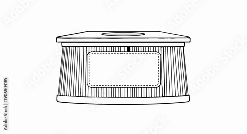 Line art of a trash receptacle with a wide slot on top and a rectangular placard