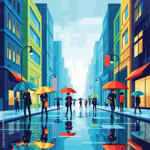 Illustration of a city street during a rainy day. People walk with umbrellas