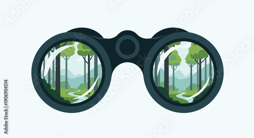 A pair of dark grey binoculars reveals a serene natural landscape with tall green trees and a winding river through its lenses, set against a pale blue background.