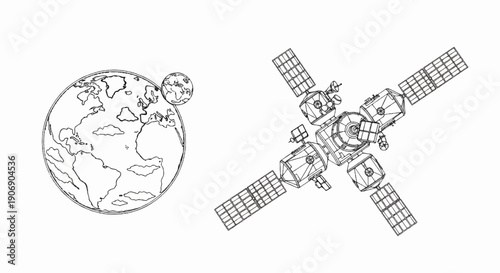 Line art of Earth with a small moon and a complex satellite with solar panels