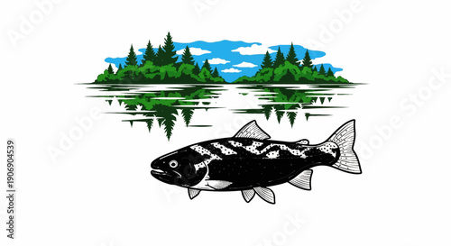 Graphic of a fish swimming near a forest reflected in water
