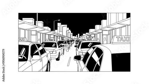 Urban city traffic scene with taxi cabs in black and white line art