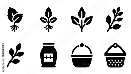 Herbal silhouettes and honey jars: garden elements and icon set for natural design