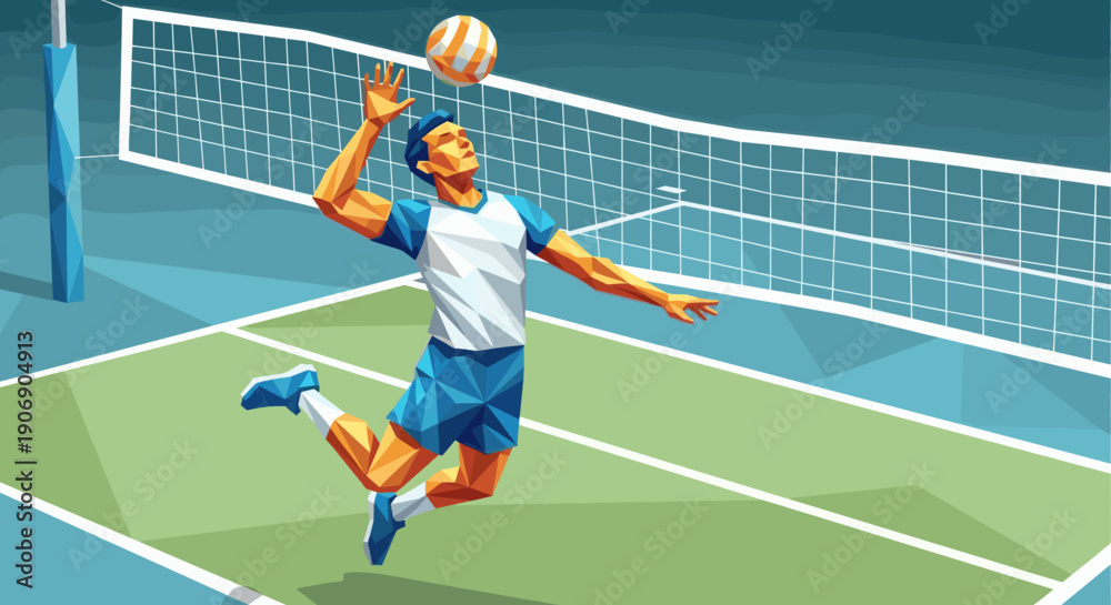 Fototapeta premium A stylized illustration of a volleyball player in mid-air spiking a ball. Use for sports blogs, athletic websites, fitness promotions, team spirit graphics, or sports equipment advertising.