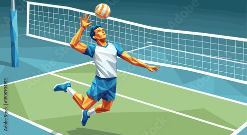 A stylized illustration of a volleyball player in mid-air spiking a ball. Use for sports blogs, athletic websites, fitness promotions, team spirit graphics, or sports equipment advertising.