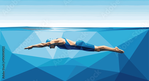 Abstract polygon art of a swimmer underwater in blue. Low poly illustration. For themes like water sports, athletic performance, competition, and healthy lifestyles.