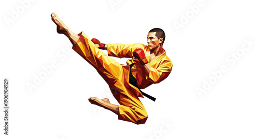Polygonal graphic illustration of a martial artist in mid-air, executing a kick. Isolated on white. Suitable for sport, fitness, healthy lifestyle marketing, or graphic design projects.