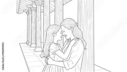 Mother daughter bond in classical architecture drawing