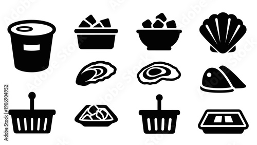 Seafood icons set: shellfish, oysters, ice buckets in silhouette style