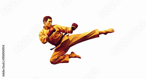 Abstract illustration of a man doing a karate kick in polygonal style, isolated on white. Suitable for sports, fitness, martial arts, and technology concepts.